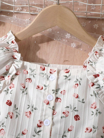 Floral Dress For Young Girls, New Collection, French Design With Square Neckline And Short Sleeves, Gentle Style Floral Dress For Young Girls, New Collection, French Design With Square Neckline And Short Sleeves, Gentle Style