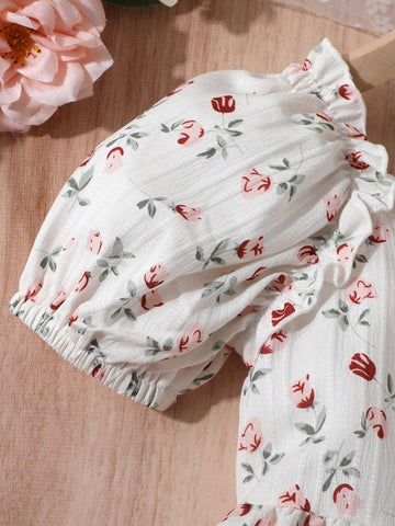 Floral Dress For Young Girls, New Collection, French Design With Square Neckline And Short Sleeves, Gentle Style Floral Dress For Young Girls, New Collection, French Design With Square Neckline And Short Sleeves, Gentle Style