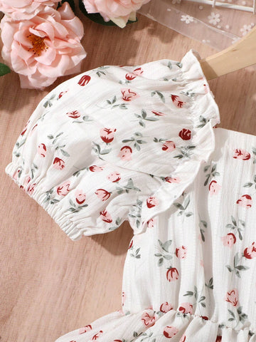 Floral Dress For Young Girls, New Collection, French Design With Square Neckline And Short Sleeves, Gentle Style Floral Dress For Young Girls, New Collection, French Design With Square Neckline And Short Sleeves, Gentle Style