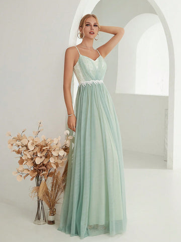 Floral Embroidery Mesh Overlay Cami Bridesmaid Dress Floral Embroidery Mesh Overlay Cami Bridesmaid Dress