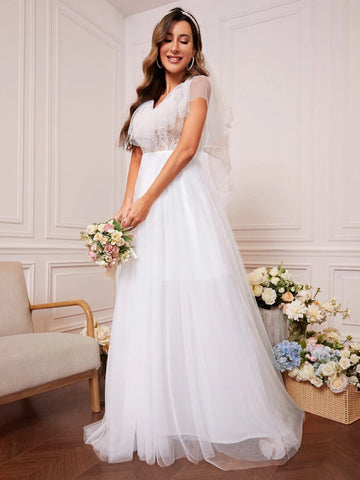 Floral Embroidery Mesh Wedding Dress Floral Embroidery Mesh Wedding Dress