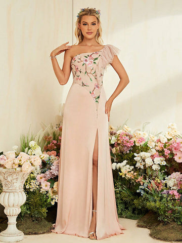 Floral Embroidery One Shoulder Ruffle Trim Split Thigh Bridesmaid Dress Floral Embroidery One Shoulder Ruffle Trim Split Thigh Bridesmaid Dress