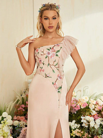 Floral Embroidery One Shoulder Ruffle Trim Split Thigh Bridesmaid Dress Floral Embroidery One Shoulder Ruffle Trim Split Thigh Bridesmaid Dress
