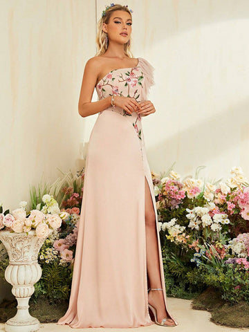 Floral Embroidery One Shoulder Ruffle Trim Split Thigh Bridesmaid Dress Floral Embroidery One Shoulder Ruffle Trim Split Thigh Bridesmaid Dress