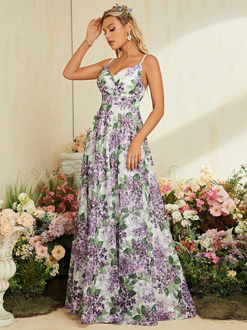Floral Print Backless Cami Bridesmaid Dress Floral Print Backless Cami Bridesmaid Dress
