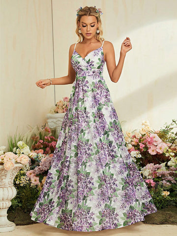 Floral Print Backless Cami Bridesmaid Dress Floral Print Backless Cami Bridesmaid Dress