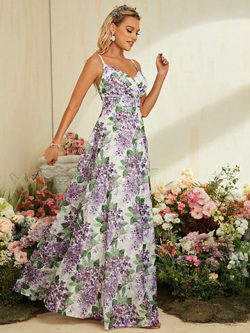 Floral Print Backless Cami Bridesmaid Dress Floral Print Backless Cami Bridesmaid Dress