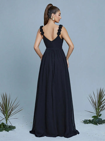 Sleeveless Dress With 3D Floral Decor, Suitable For Bridesmaid, Elegant Dress Sleeveless Dress With 3D Floral Decor, Suitable For Bridesmaid, Elegant Dress