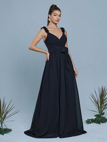 Sleeveless Dress With 3D Floral Decor, Suitable For Bridesmaid, Elegant Dress Sleeveless Dress With 3D Floral Decor, Suitable For Bridesmaid, Elegant Dress