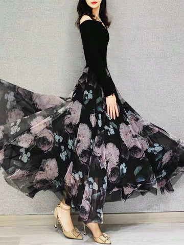 Floral Print Mesh Overlay Skirt Floral Print Mesh Overlay Skirt