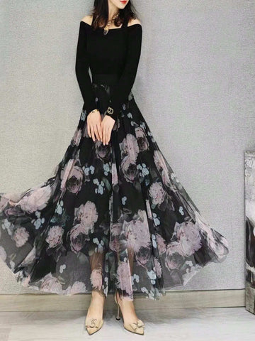 Floral Print Mesh Overlay Skirt Floral Print Mesh Overlay Skirt