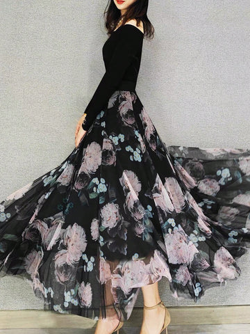 Floral Print Mesh Overlay Skirt Floral Print Mesh Overlay Skirt