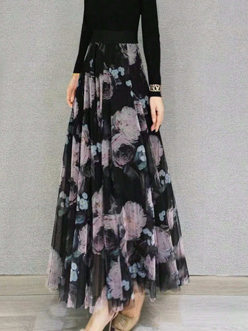 Floral Print Mesh Overlay Skirt Floral Print Mesh Overlay Skirt