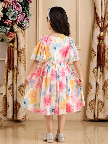 Floral Print Ruched Square Neck Ruffle Short Sleeve Elegant Dress For Young Girl Floral Print Ruched Square Neck Ruffle Short Sleeve Elegant Dress For Young Girl