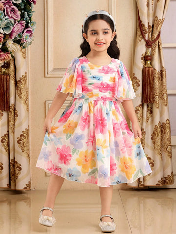 Floral Print Ruched Square Neck Ruffle Short Sleeve Elegant Dress For Young Girl Floral Print Ruched Square Neck Ruffle Short Sleeve Elegant Dress For Young Girl
