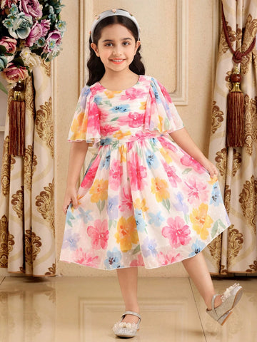 Floral Print Ruched Square Neck Ruffle Short Sleeve Elegant Dress For Young Girl Floral Print Ruched Square Neck Ruffle Short Sleeve Elegant Dress For Young Girl