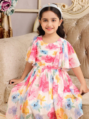 Floral Print Ruched Square Neck Ruffle Short Sleeve Elegant Dress For Young Girl Floral Print Ruched Square Neck Ruffle Short Sleeve Elegant Dress For Young Girl