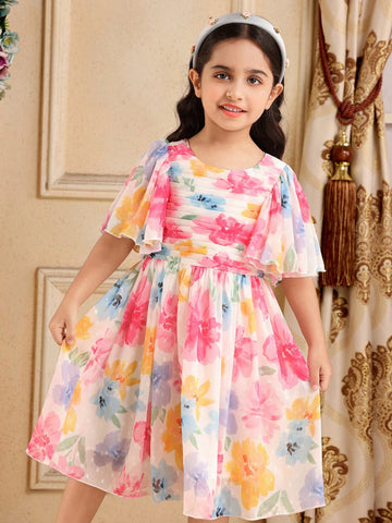 Floral Print Ruched Square Neck Ruffle Short Sleeve Elegant Dress For Young Girl Floral Print Ruched Square Neck Ruffle Short Sleeve Elegant Dress For Young Girl