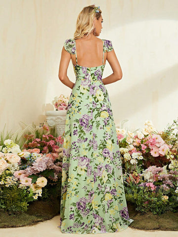 Floral Print Ruffle Trim Belted Maxi Chiffon Bridesmaid Dress Floral Print Ruffle Trim Belted Maxi Chiffon Bridesmaid Dress