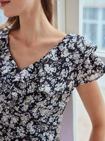 Floral Print Ruffle Trim Blouse For Dailywear Floral Print Ruffle Trim Blouse For Dailywear