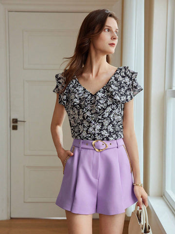 Floral Print Ruffle Trim Blouse For Dailywear Floral Print Ruffle Trim Blouse For Dailywear