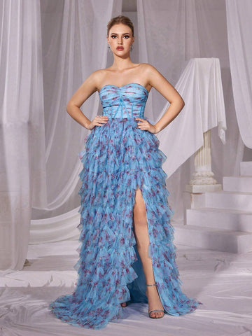 Floral Printed Mesh Layered Tube Cake Dress Floral Printed Mesh Layered Tube Cake Dress