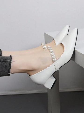 French Block Heel Mary Jane Pumps, Soft Leather Pointed Toe Mid Heel Strap Pearls High Heels, Elegant & Sexy French Block Heel Mary Jane Pumps, Soft Leather Pointed Toe Mid Heel Strap Pearls High Heels, Elegant & Sexy