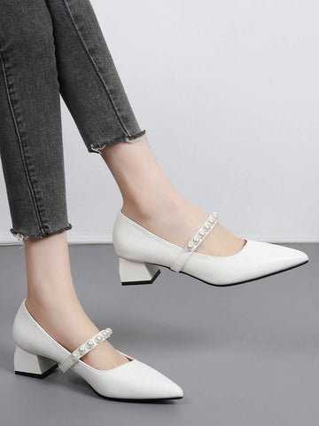 French Block Heel Mary Jane Pumps, Soft Leather Pointed Toe Mid Heel Strap Pearls High Heels, Elegant & Sexy French Block Heel Mary Jane Pumps, Soft Leather Pointed Toe Mid Heel Strap Pearls High Heels, Elegant & Sexy