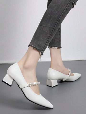 French Block Heel Mary Jane Pumps, Soft Leather Pointed Toe Mid Heel Strap Pearls High Heels, Elegant & Sexy French Block Heel Mary Jane Pumps, Soft Leather Pointed Toe Mid Heel Strap Pearls High Heels, Elegant & Sexy