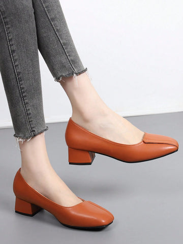 French Retro Square Toe Low Heel Pumps, Women Casual Slip-On Dress Shoes, Versatile Brown Sexy French Retro Square Toe Low Heel Pumps, Women Casual Slip-On Dress Shoes, Versatile Brown Sexy