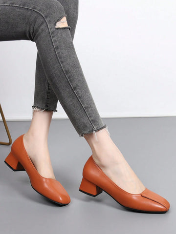 French Retro Square Toe Low Heel Pumps, Women Casual Slip-On Dress Shoes, Versatile Brown Sexy French Retro Square Toe Low Heel Pumps, Women Casual Slip-On Dress Shoes, Versatile Brown Sexy