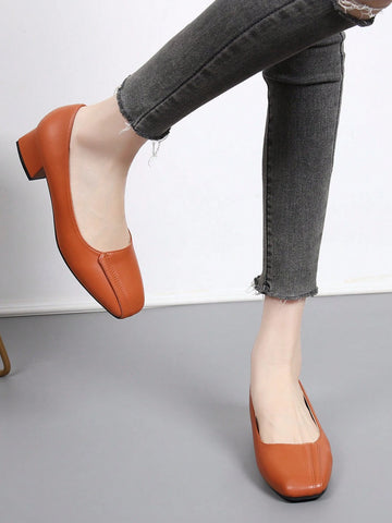 French Retro Square Toe Low Heel Pumps, Women Casual Slip-On Dress Shoes, Versatile Brown Sexy French Retro Square Toe Low Heel Pumps, Women Casual Slip-On Dress Shoes, Versatile Brown Sexy