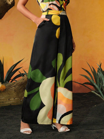 Frida Kahlo X SHEIN X Designer Caterine Sanchez Floral Printed Palazzo Pants Summer,Women Clothes,For Summer, Holiday, Thanksgiving Frida Kahlo X SHEIN X Designer Caterine Sanchez Floral Printed Palazzo Pants Summer,Women Clothes,For Summer, Holiday, Thanksgiving