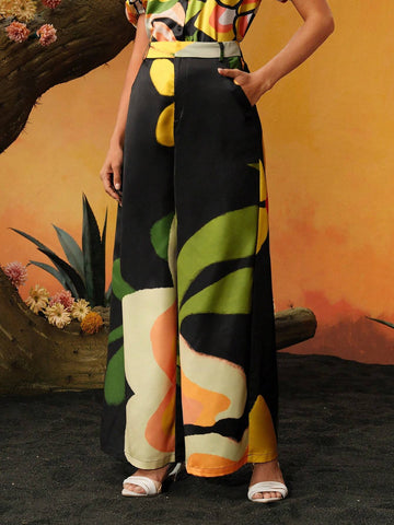Frida Kahlo X SHEIN X Designer Caterine Sanchez Floral Printed Palazzo Pants Summer,Women Clothes,For Summer, Holiday, Thanksgiving Frida Kahlo X SHEIN X Designer Caterine Sanchez Floral Printed Palazzo Pants Summer,Women Clothes,For Summer, Holiday, Thanksgiving