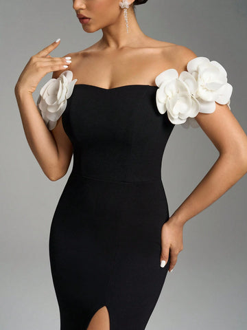 Fuaheng Petal Sleeve Waist Cinching Bodycon Dress, Black Elegant Slit Party Evening Cocktail Club Outfit Fuaheng Petal Sleeve Waist Cinching Bodycon Dress, Black Elegant Slit Party Evening Cocktail Club Outfit