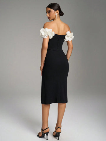 Fuaheng Petal Sleeve Waist Cinching Bodycon Dress, Black Elegant Slit Party Evening Cocktail Club Outfit Fuaheng Petal Sleeve Waist Cinching Bodycon Dress, Black Elegant Slit Party Evening Cocktail Club Outfit