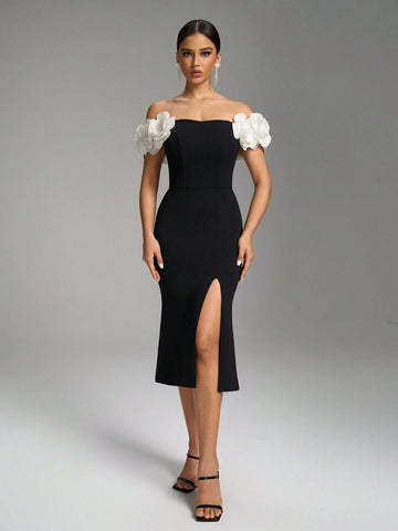 Fuaheng Petal Sleeve Waist Cinching Bodycon Dress, Black Elegant Slit Party Evening Cocktail Club Outfit Fuaheng Petal Sleeve Waist Cinching Bodycon Dress, Black Elegant Slit Party Evening Cocktail Club Outfit