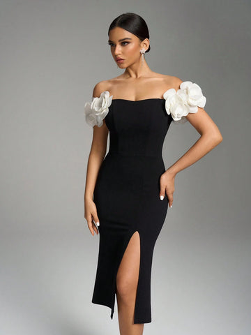 Fuaheng Petal Sleeve Waist Cinching Bodycon Dress, Black Elegant Slit Party Evening Cocktail Club Outfit Fuaheng Petal Sleeve Waist Cinching Bodycon Dress, Black Elegant Slit Party Evening Cocktail Club Outfit