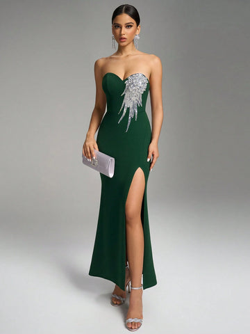 Fuaheng V-Neck Sleeveless Halter Dress, Luxury Feather-Shaped Sequin Patchwork Waist Slit Elegant Evening Gown Fuaheng V-Neck Sleeveless Halter Dress, Luxury Feather-Shaped Sequin Patchwork Waist Slit Elegant Evening Gown