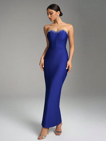Fuaheng V-Neck Strapless Rhinestone-Embellished Long Dress, Minimalist Luxury Navy Blue Evening Gown Fuaheng V-Neck Strapless Rhinestone-Embellished Long Dress, Minimalist Luxury Navy Blue Evening Gown