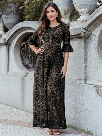 Full Floral Lace Flare Sleeve Formal Party Long Dress Full Floral Lace Flare Sleeve Formal Party Long Dress
