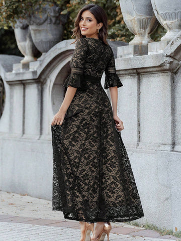 Full Floral Lace Flare Sleeve Formal Party Long Dress Full Floral Lace Flare Sleeve Formal Party Long Dress