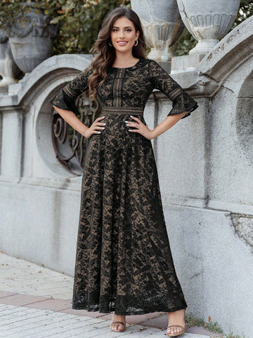Full Floral Lace Flare Sleeve Formal Party Long Dress Full Floral Lace Flare Sleeve Formal Party Long Dress