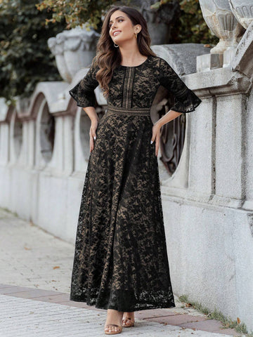 Full Floral Lace Flare Sleeve Formal Party Long Dress Full Floral Lace Flare Sleeve Formal Party Long Dress
