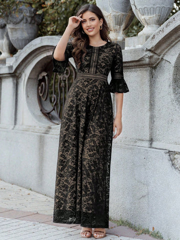 Full Floral Lace Flare Sleeve Formal Party Long Dress Full Floral Lace Flare Sleeve Formal Party Long Dress