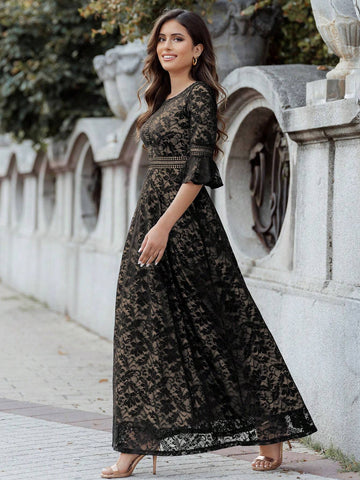 Full Floral Lace Flare Sleeve Formal Party Long Dress Full Floral Lace Flare Sleeve Formal Party Long Dress