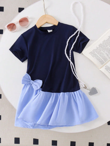Young Young Girl Blue Comfy Round Neck Short Sleeve Patchwork Cute Casual Academy Style Bowknot Decor Dress Young Young Girl Blue Comfy Round Neck Short Sleeve Patchwork Cute Casual Academy Style Bowknot Decor Dress