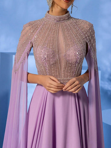 Giffniseti Ladies' High Neck Beaded Cape Sleeves Formal Dress, Perfect For Parties And Banquets Giffniseti Ladies' High Neck Beaded Cape Sleeves Formal Dress, Perfect For Parties And Banquets