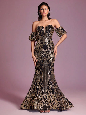 Giffniseti Off Shoulder Mermaid Hem Sequin Prom Dress Giffniseti Off Shoulder Mermaid Hem Sequin Prom Dress