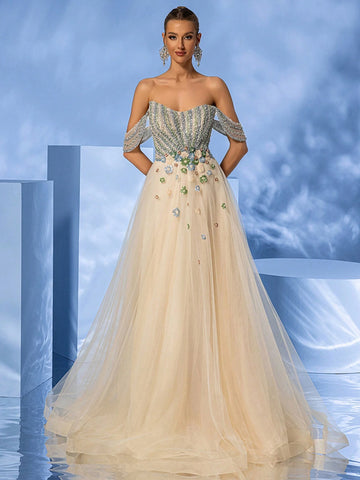 Giffniseti Women's Advanced Elegant Sparkling Beaded Multi-Layer Mesh Trumpet Hem Ball Gown With Train Giffniseti Women's Advanced Elegant Sparkling Beaded Multi-Layer Mesh Trumpet Hem Ball Gown With Train